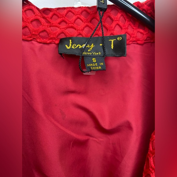 Jerry T Red Mesh Button-Up Dress Ptp 19” - Picture 6 of 7